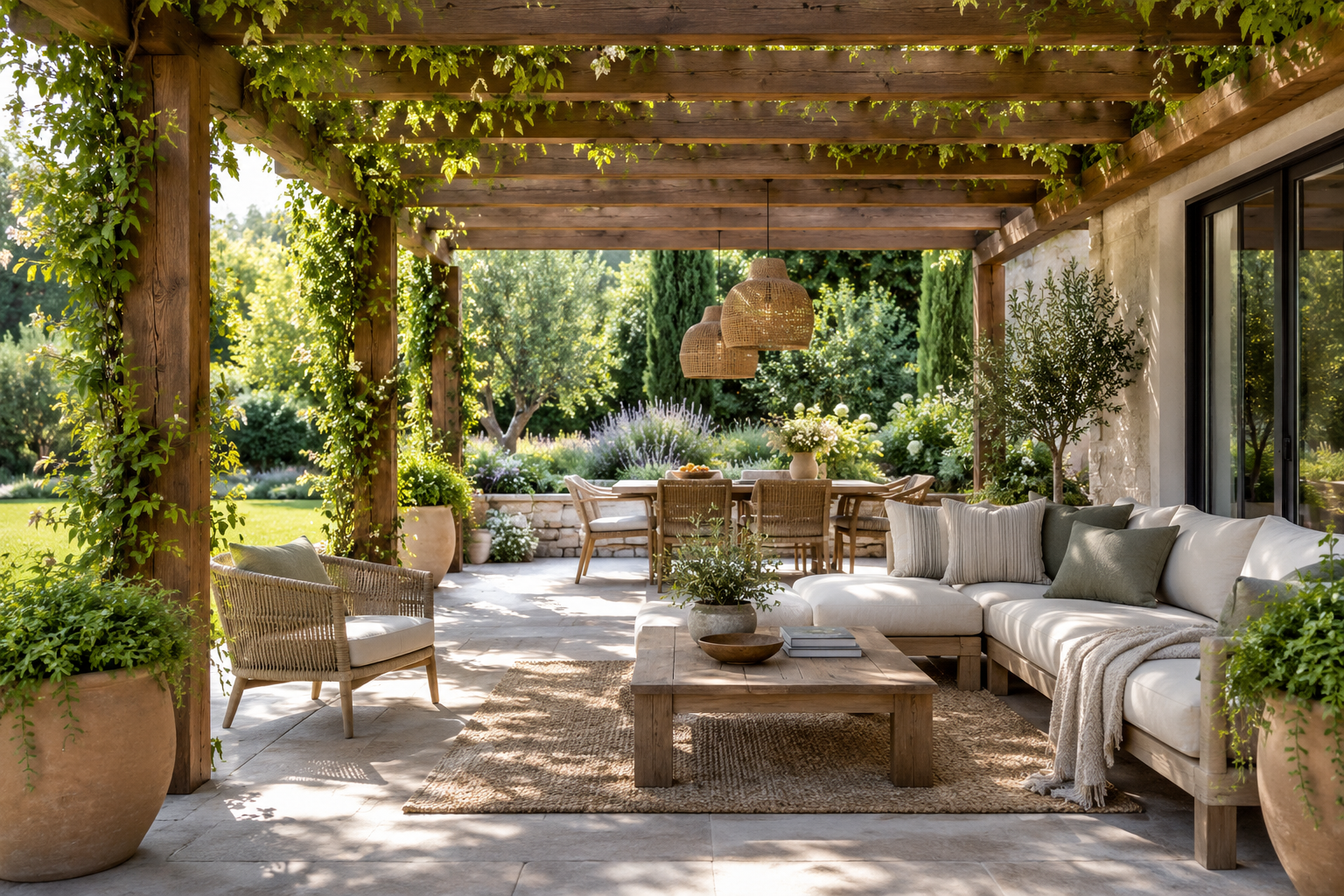 Pergola przy strefie wypoczynku na tarasie — ilustracja