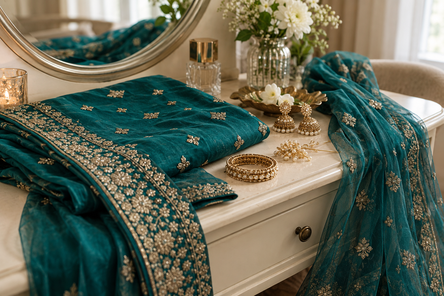 Tkanina saree, dupatta i eleganckie dodatki przygotowane na uroczystość